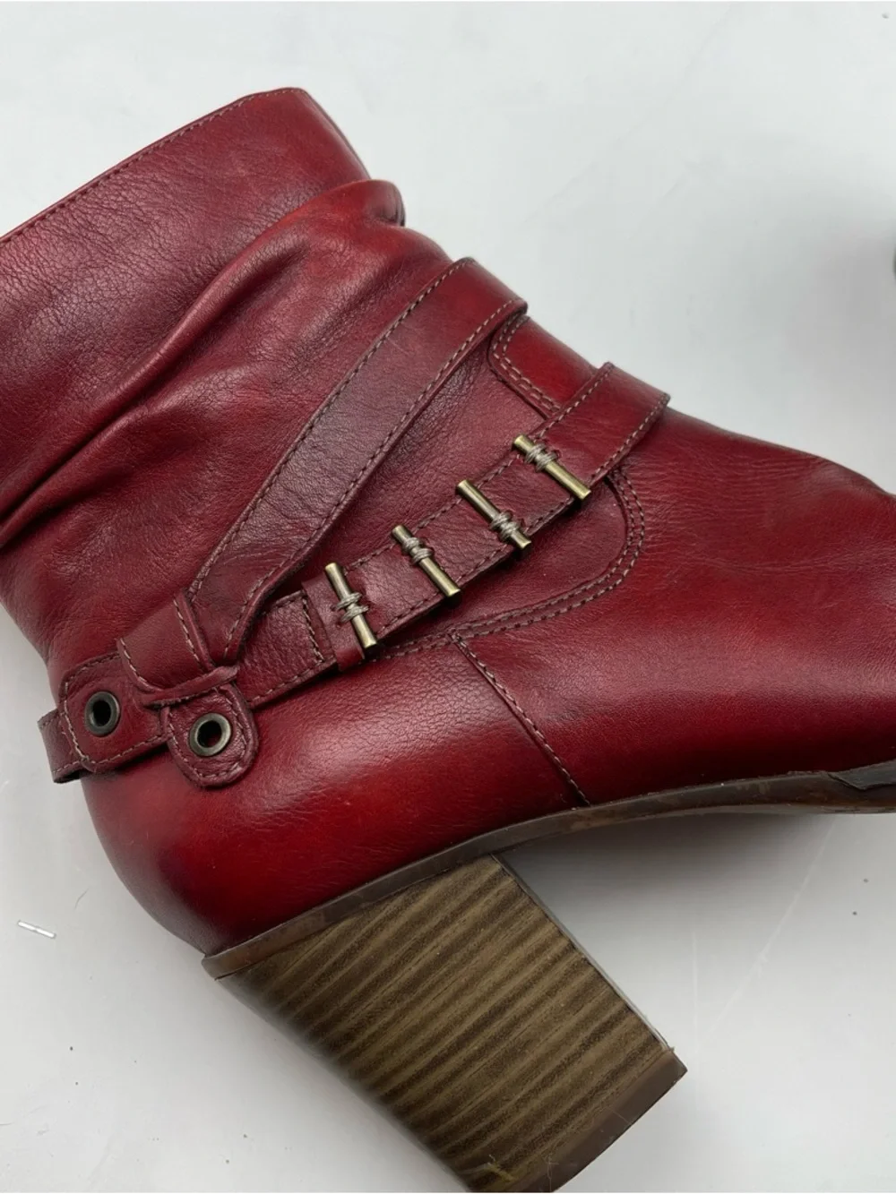 Tamaris Leather Ankle Heeled Boots Dark Red Buckle Block Heel 40 Lined Grunge - Picture 9 of 12
